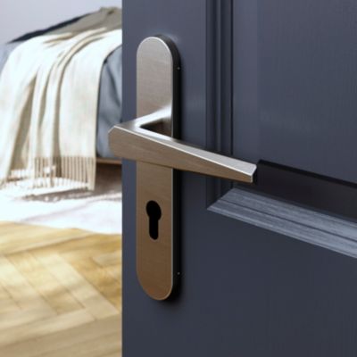 Ensemble poignée sur plaque rondcylindre GoodHome Keri effet nickel satin gris L.140mm x l.42mm entr