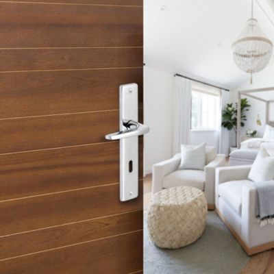 Ensemble poignée sur plaque rectangulaire serrure Colan effet chromé brillant gris L.106mm x l.39.8m