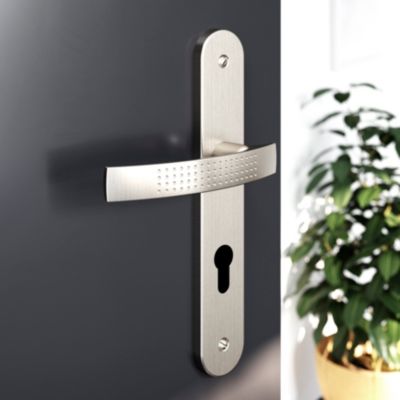 Ensemble poignée sur plaque rondcylindre GoodHome Diss effet nickel satin gris L.139mm x l.40mm entr
