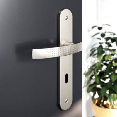 Ensemble poignée sur plaque rond serrure GoodHome Diss effet nickel satin gris L.139mm x l.40mm entr