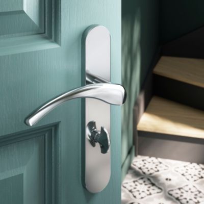 Ensemble poignée sur plaque rond à condamnation GoodHome Ruis effet chromé gris L.138.5mm x l.42mm e