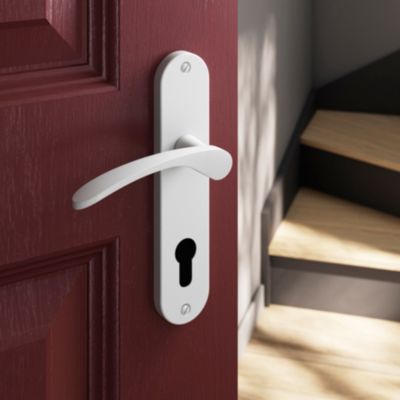 Ensemble poignée sur plaque rondcylindre GoodHome Beare mat blanc L.110.5mm x l.40mm entraxe 165mm