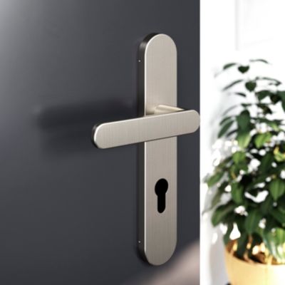 Ensemble poignée sur plaque rondcylindre GoodHome Minzh effet nickel satin gris L.120mm x l.42mm ent