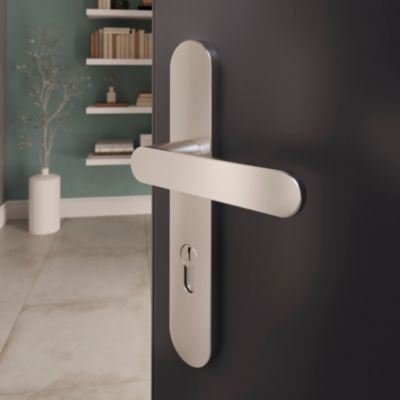 Ensemble poignée sur plaque rond GoodHome Minzh effet nickel satin gris L.120mm x l.40mm entraxe 195