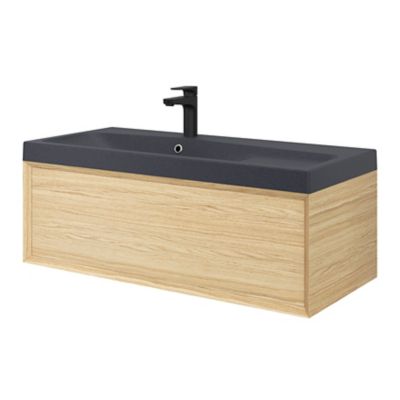 Meuble sous vasque 1 tiroir à  suspendre GoodHome Avela placage chêne 100 cm + Plan vasque en résine noir Mila
