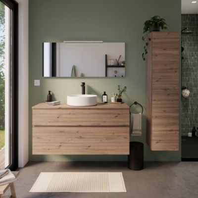 Meuble vasque suspendu effet chêne artisan l.120 cm + plan de toilette  Calao