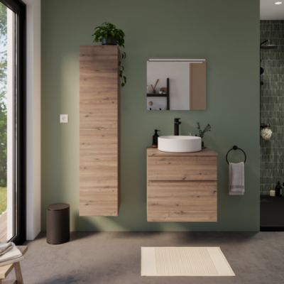 Meuble vasque suspendu effet chêne artisan l.60 cm + plan de toilette  Calao