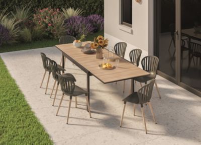 Table de jardin VAO extensible en aluminium gris foncé et imitation bois - 10 personnes