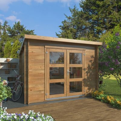 Abri de jardin Klikstrom Belaïa bois traité autoclave marron ép.28 mm toiture monopente surface totale 9.6 m² - Klikstrom