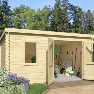 Abri de jardin Klikstrom Linda bois naturel ép.34 mm surface totale 12.2m²