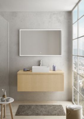Meuble vasque suspendu blanc mat l.120 cm + plan double vasque blanc brillant céramique  Pura+
