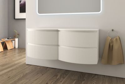 Ensemble sous vasque + plan de toilette double l.138 cm  blanc mat strié  Vague