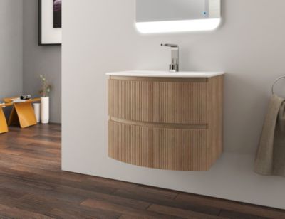 Ensemble sous vasque + plan de vasque résine l.70 cm  blanc mat strié  Vague