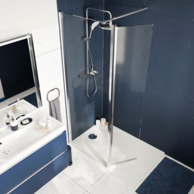 Paroi de douche à  l'italienne fixe avec volet l.80+45 x H.195 cm  bandes miroir  profilés alu chrome  GoodHome Ledava