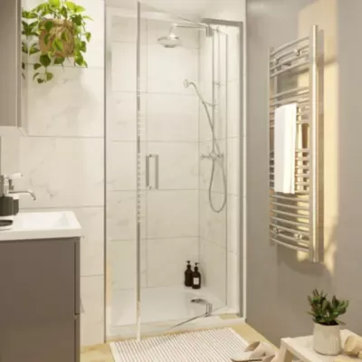 Porte de douche pivotante axe excentré l.80 cm x H.195 cm, verre transparent, profilés alu chrome, G