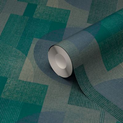 Papier peint vinyle intissé géométrique Shadow GoodHome bleu L.10m x l.53cm