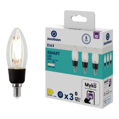 3 ampoules LED connectées Myko E14 flamme à filament 470lm=40W variation de blancs Jacobsen transpar