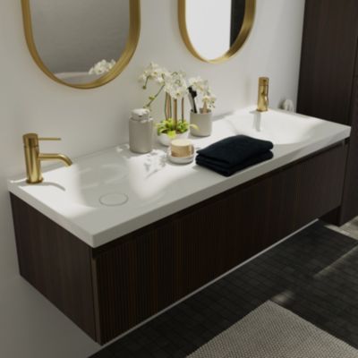 Plan double vasque l.120 x P.45 cm en céramique avec plage de dépose au centre  blanc  Kentia