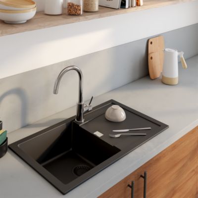 Évier de cuisine en composite de quartz noir 1 bac à encastrer GoodHome Hawking + égouttoir - Goodhome