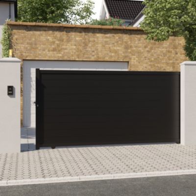 Portail coulissant aluminium Neva Klikstrom + motorisation Somfy l.360 x H.168 cm effet bois