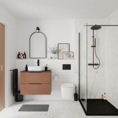 Ensemble meubles de salle de bains Kentia l.100 cm beige cachemire avec plan de toilette Cadélia effet marbre noir
