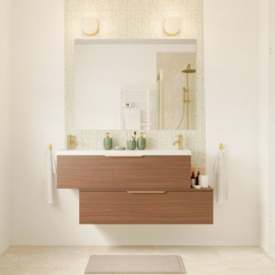 Ensemble meubles de salle de bains Kentia beige cachemire avec plan de toilette Cadélia effet marbre noir