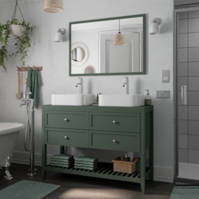 Meuble sous vasque à  poser l.120 cm vert + plan de toilette effet marbre blanc Cadélia  GoodHome Perma