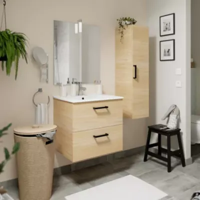 Meuble vasque suspendu blanc brillant l.100 cm Imandra + plan vasque blanc céramique Lana  GoodHome