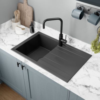 Évier de cuisine en résine noir 1 bac à encastrer et égouttoir GoodHome Keluak - Goodhome