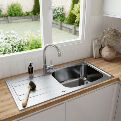 Evier à encastrer en inox microstructuré 1 bac et égouttoir l. 50 x H. 21 x P. 100 cm GoodHome Lucerne - Goodhome