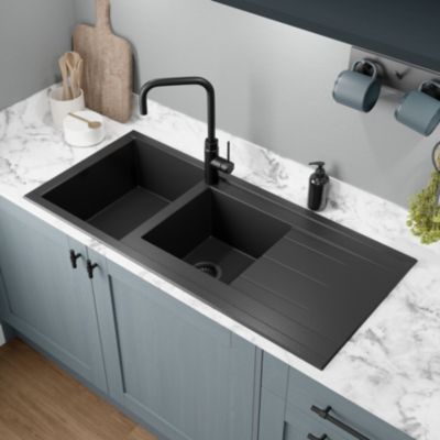 Évier de cuisine en résine noir 2 bacs à encastrer et égouttoir GoodHome Keluak - Goodhome