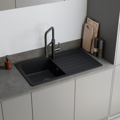 Evier à encastrer en composite quartz noir 1 bac et égouttoir L. 86 x l. 50 x H. 28,2 cm GoodHome Alland - Goodhome