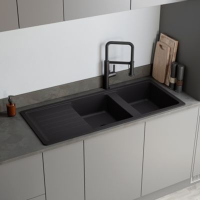 Evier à encastrer en composite quartz 2 bacs et égouttoir L. 116 x l. 50 x H. 28,2 cm GoodHome Alland - Goodhome