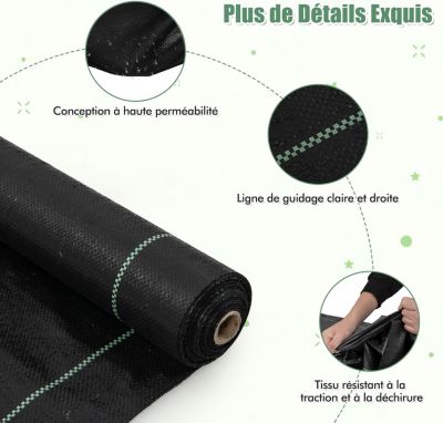 50m² Toile de Paillage Anti Mauvaises Herbes Géotextile en PP Excellente Perméabilité Installation Facile Noir 1x50m 60g/m²