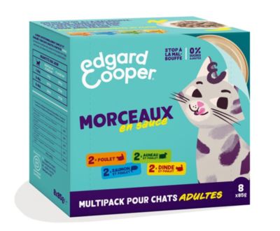 Multipack 8X85G paté en morceaux et en sauce pour chat adultes poulet, saumon agneau et dinde Edgard