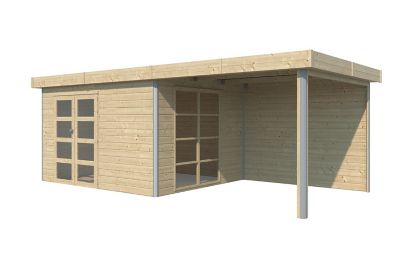 Abri de jardin + pergola Lindo 2 L en bois coloris naturel ép.28 mm surface extérieure 12,65 + 9,32 