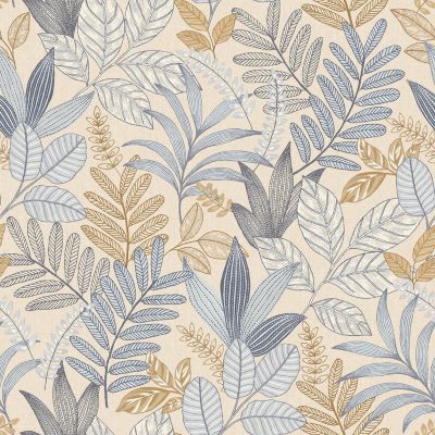 Papier peint vinyle intissé Allure Lutece mat et satiné feuilles beige, bleu, or, jaune l.1005 x l.5