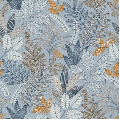 Papier peint vinyle intissé Allure Lutece mat et satiné feuilles bleu, cuivre, taupe l.1005 x l.53 c