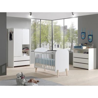 Pack - Lit Bébé 60x120cm, Commode, Plan à Langer & Armoire 2 Portes "Kiddy" Blanc