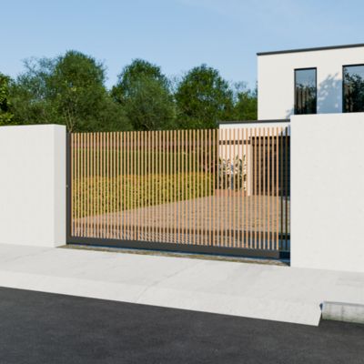 Portail coulissant tasseau aluminium chêne clair et gris RAL 7016 l.360 x H.170 cm 4ALU