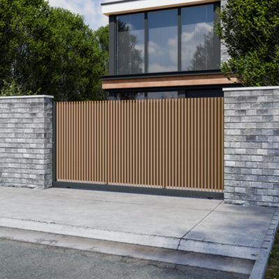 Portail coulissant tasseau plein aluminium chêne clair et gris RAL 7016 l.360 x H.170 cm 4ALU