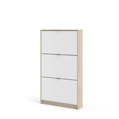 Meuble chaussures blanc et effet chêne 3 tiroirs H. 123 x L. 70 x P. 16 cm