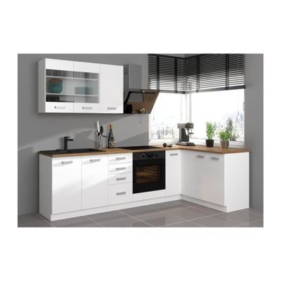 ATLAS Cuisine complete d'angle 8 éléments (reversible droit / gauche) - Décor blanc - L270 cm - Plan de travail non inclus