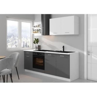GRAPHIT Cuisine complete : meuble bas 210cm + meuble haut 100cm + étagere - Décor gris foncé mat - L270 cm - Plan de travail