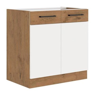 ROCK - Meuble bas - Mélaminé decor chene Lancelot et Blanc - 80 cm - 2 portes battantes
