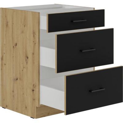 MODENA - Meuble bas casserolier - 3 tiroirs - 60 x 52 x 82 cm - Chene artisan / Noir mat - Plan de travail non inclus