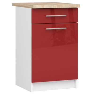 Meuble de cuisine sur pied : 1 tiroir, 1 porte, 2 étagères, blanc / rouge brillant, l : 50 cm, h: 85 cm, p : 46 cm.