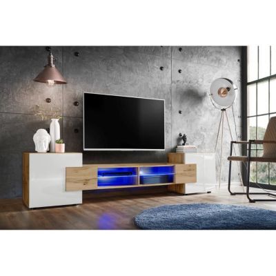 Meuble Banc TV Merano Version 2 Komodee - LED Bleues - Blanc Brillant et Bois naturel - 230 x 53 x 35 cm