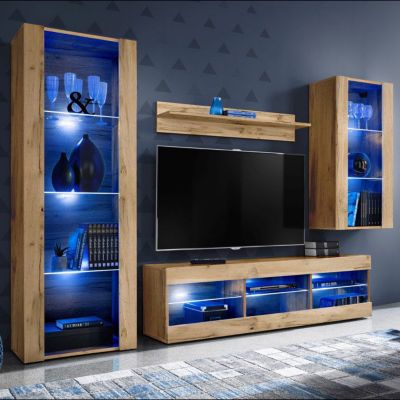 Meuble TV Tivoli Set Medio Komodee - LED bleues - Bois naturel Mat ET Bois naturel - 195x159x35 cm