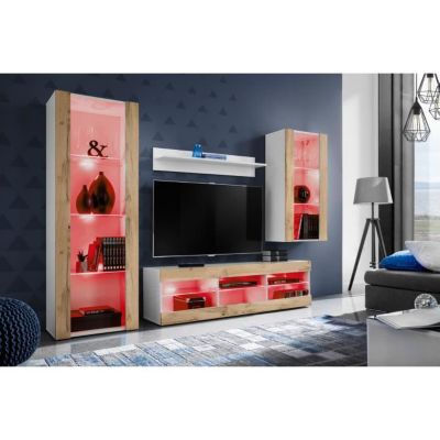 Meuble TV Tivoli Set Medio Komodee - LED RGB - Bois naturel Mat et Blanc - 195x159x35 cm